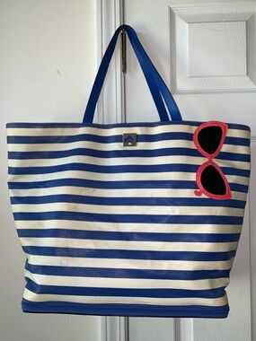 LARGE Kate Spade Make A Splash Sunglasses Rey Beach Tote, Blue/White Stripe